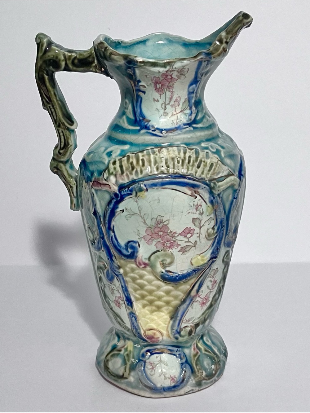 Antique ALHAMBRA MAJOLICA Pitcher / ENGLAND Circa 1900 / HAND PAINTED / 7 Inches